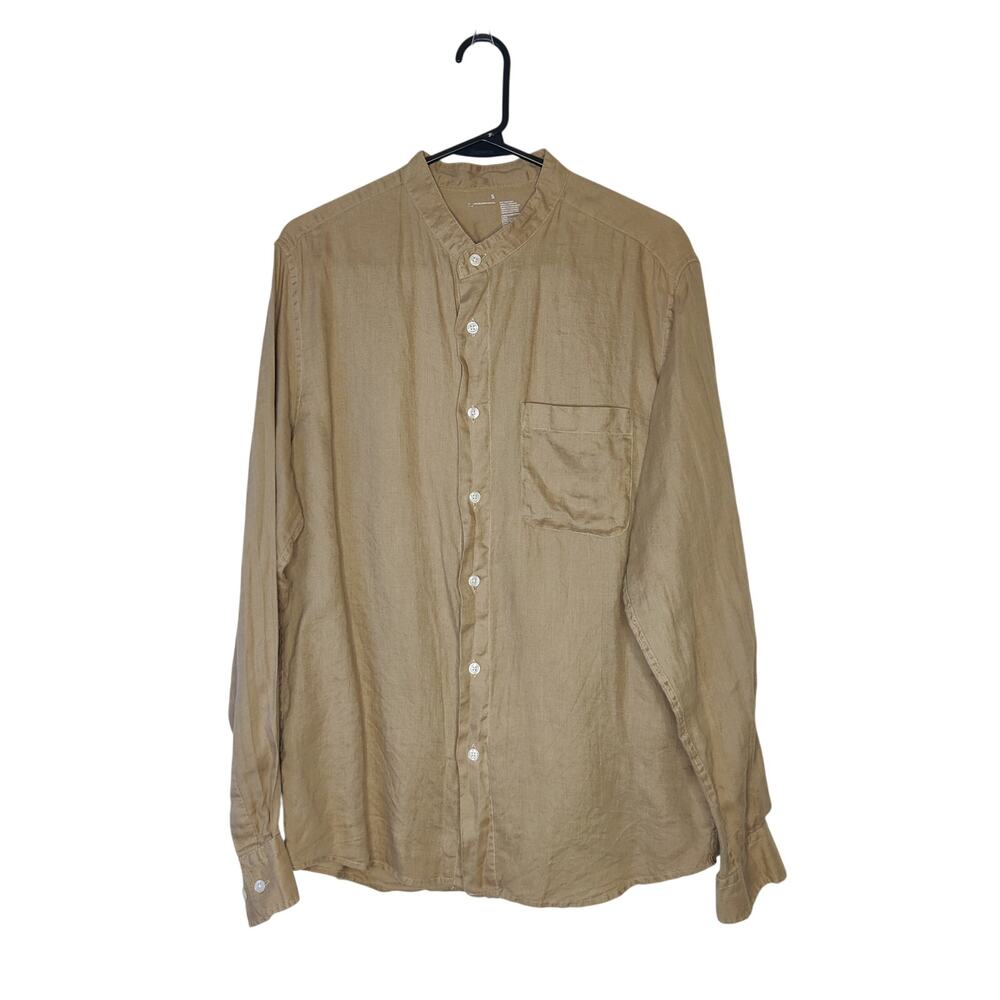 Muji Washed Linen Stand Collar Button Up Shirt Small Natural Tan Beige